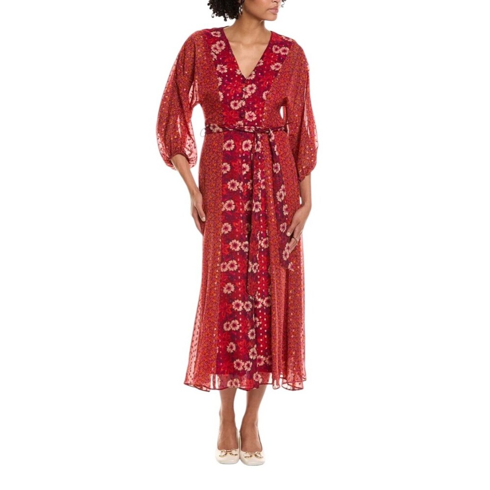 Taylor Red Floral Mixed Print Maxi Dress Tie Waist Chiffon Boho Womens Size 10